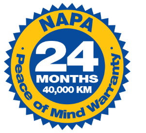 The image is a circular warranty seal with a blue center and yellow edge, stating "NAPA 24 MONTHS Peace of Mind Warranty 40,000 KM" on a green background.