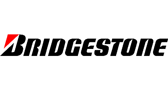 This is the Bridgestone logo featuring the name in black bold letters with a red swoosh above the letter "B" on a gray background.