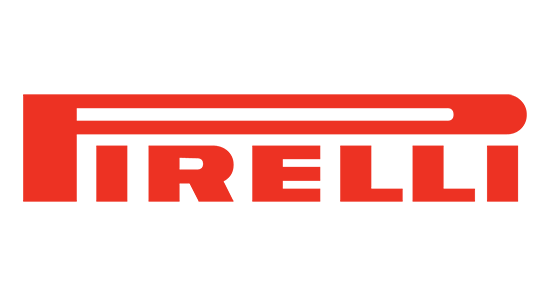 The image displays the red logo of Pirelli, characterized by its distinctive elongated P and stylized lettering, set against a dark green background.